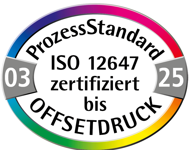 Logo Prozess Standard Offsetdruck ISO 12647 zertifiziert bis 03 25